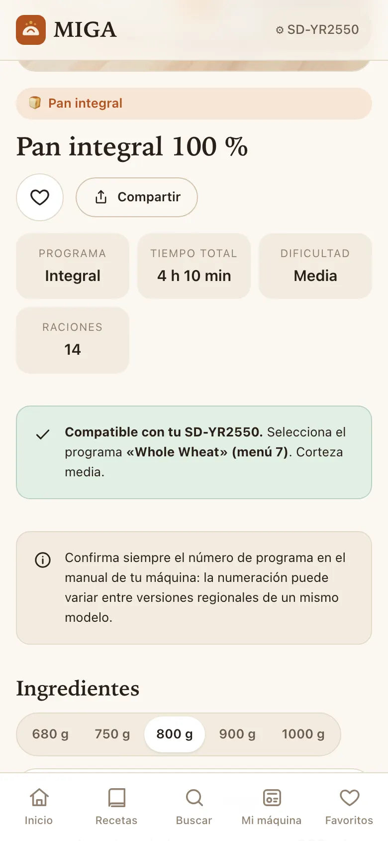 La app. Eliges tu modelo una vez y cada receta te da su programa.