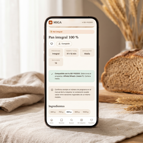 La app MIGA en el móvil, mostrando la receta de pan integral con el programa exacto de la máquina y las cantidades ajustables a la cubeta.