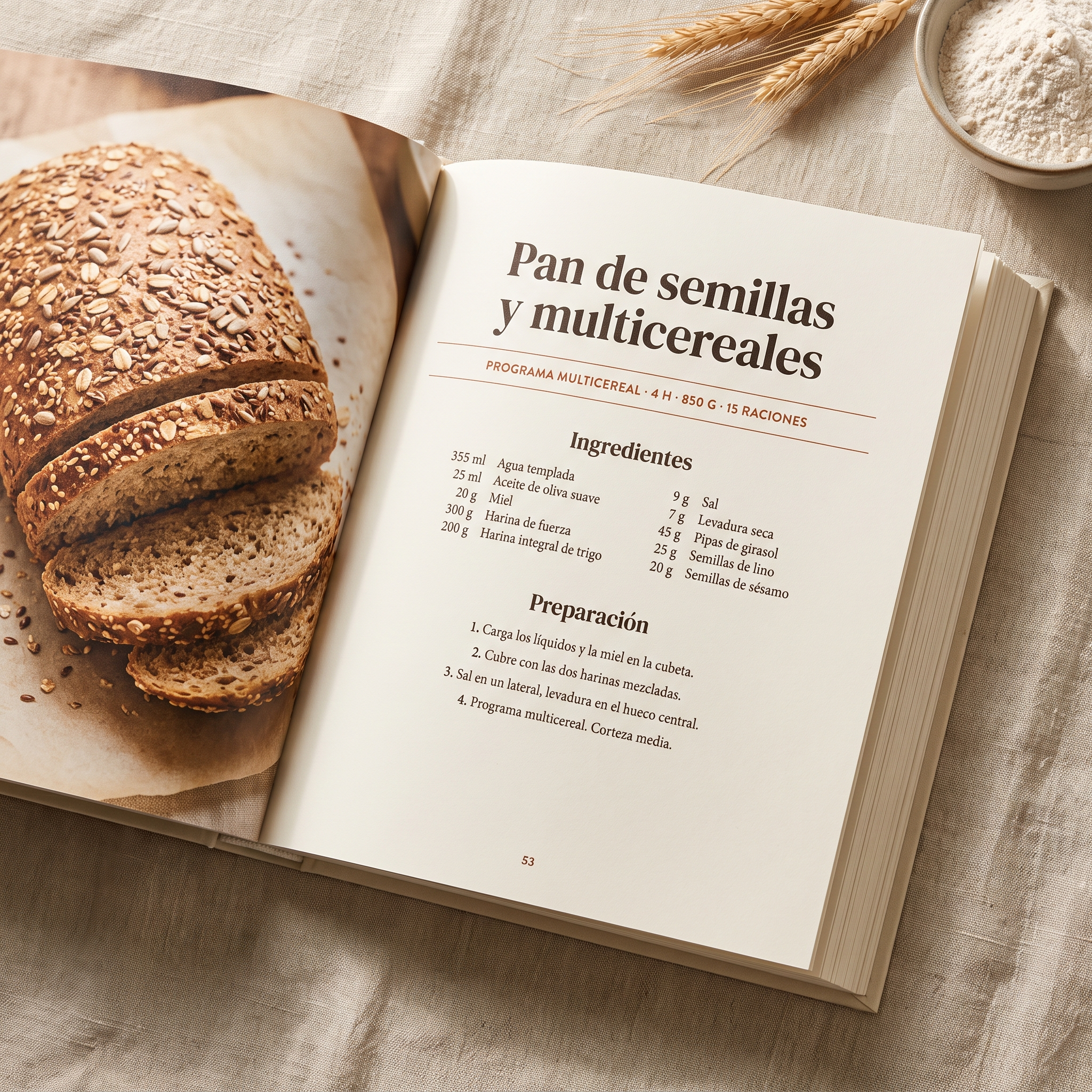 El recetario abierto en la receta de pan de semillas y multicereales, con ingredientes y preparación a doble página.